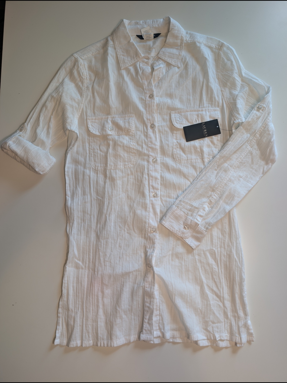 Lauren Ralph Lauren NWT White Crinkle Cotton Roll-Tab Button Down Shirt S